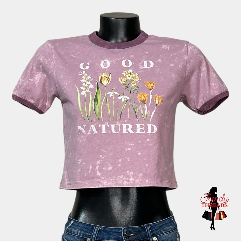 5/$25 ⭐️ Mighty Fine Good Natured Tee SMALL Purple Floral Cropped T-Shirt Bleach - Picture 2 of 5